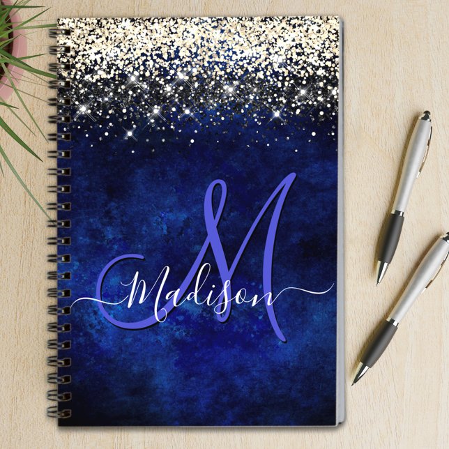Niedliche Royal Blue Gold Imitate Glitzer Monogram Notizblock (Von Creator hochgeladen)
