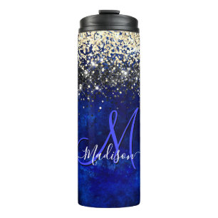 Niedliche Royal Blue Gold Imitate Glitzer Monogram Thermosbecher