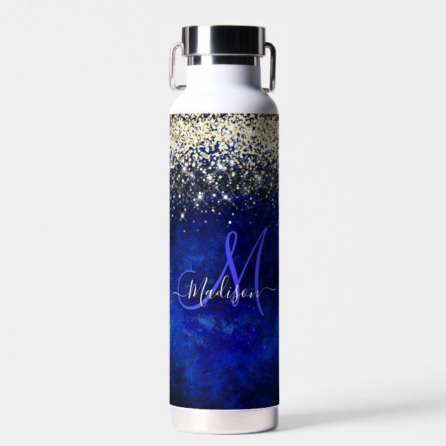Niedliche Royal Blue Gold Imitate Glitzer Monogram Trinkflasche (Vorne)