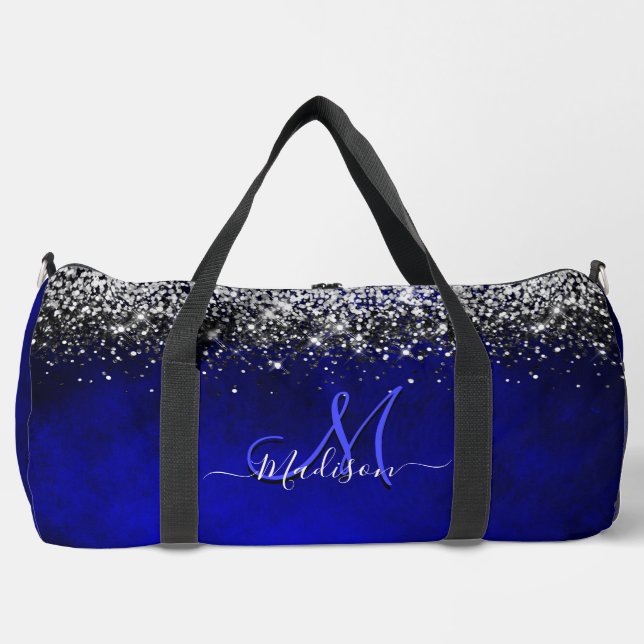 Niedliche Royal Blue Silver Imitate Glitzer Monogr Duffle Bag (Vorderseite)