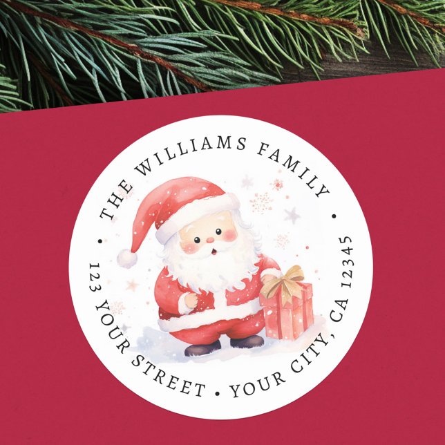 Niedliche Rücksendeadresse zur Santa Aquarellbilde Runder Aufkleber (Cute Santa watercolor illustration return address Classic Round Sticker)