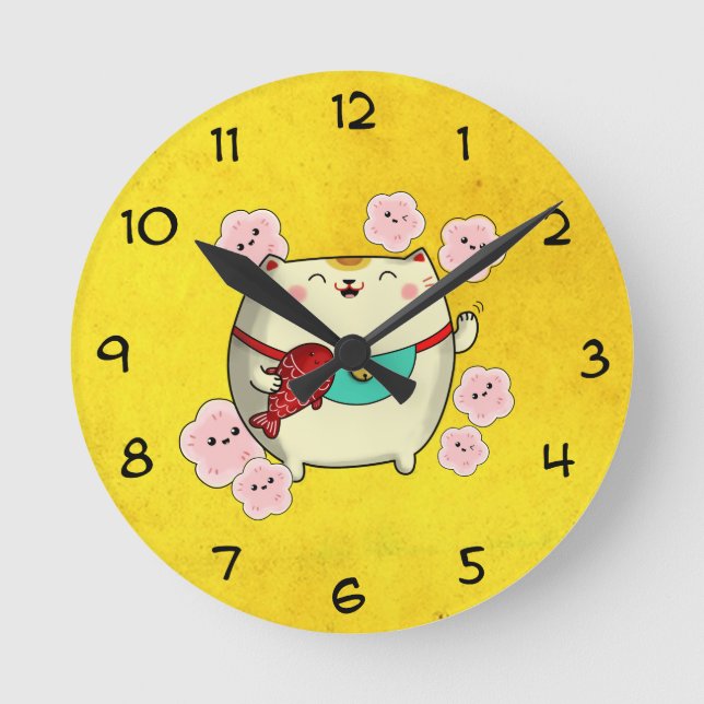 Niedliche runde Maneki Neko Katze Wanduhr (Vorderseite)