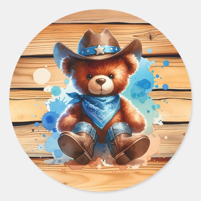 Niedliche rustikale Cowboy Teddy Bear Boy's Babydu Runder Aufkleber (Vorderseite)