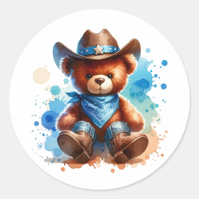 Niedliche rustikale Cowboy Teddy Bear Boy's Babydu Runder Aufkleber (Vorderseite)