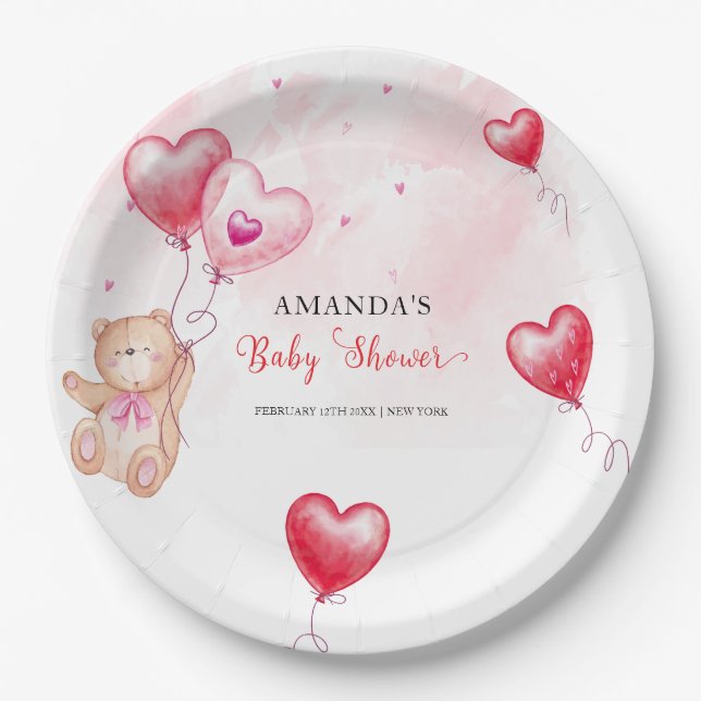 Niedliche Rustikale Teddy Bear Herzchen Balloon Ba Pappteller (Vorderseite)