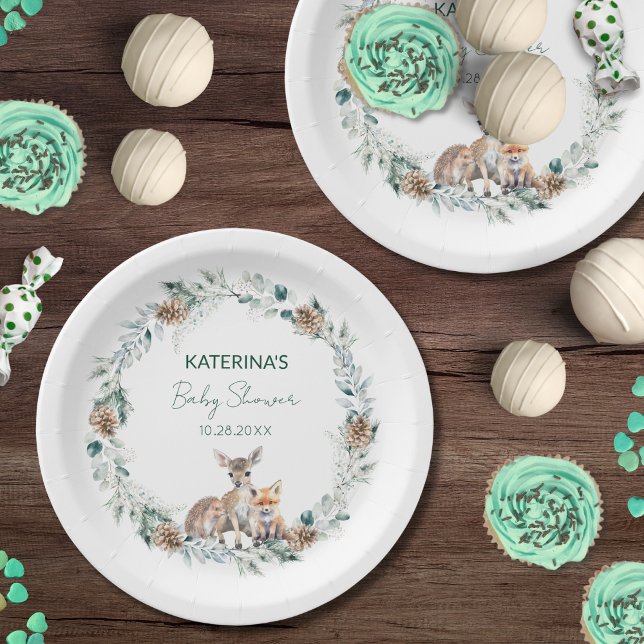 Niedliche rustikale Winterwaldlandtiere Kinderdusc Pappteller (These cute party plates match my Rustic Cuties woodland animal baby shower collection.)