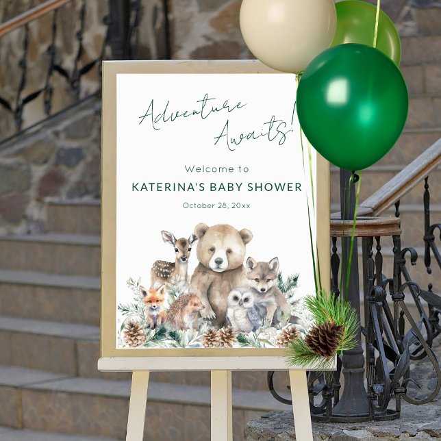 Niedliche rustikale Woodland Animals Kinderdusche Poster (This woodland animal baby shower welcome sign features  winter greenery and a modern script.)