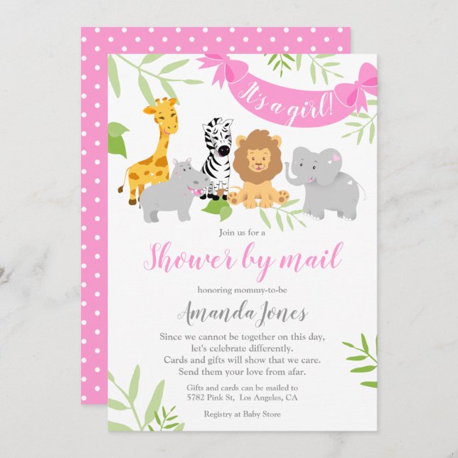 Niedliche Safari Animals Baby Dusche Mädchen Einla Einladung (Vorne/Hinten)
