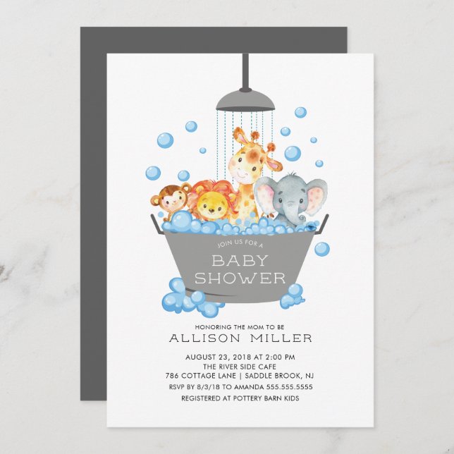 Niedliche Safari Animals Shower Baby Einladung (Vorne/Hinten)