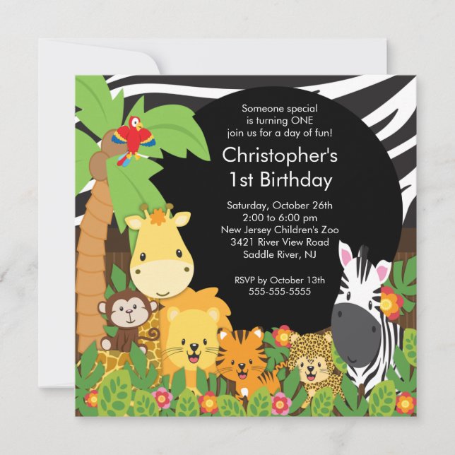 Niedliche Safari-Dschungel-Geburtstags-Party Einladung (Vorderseite)