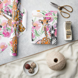 Niedliche Safari-Freunde, Giraffen, Zebra, Tiger Geschenkpapier