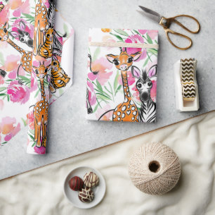 Niedliche Safari-Freunde, Giraffen, Zebra, Tiger Geschenkpapier