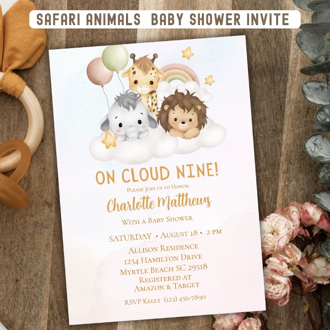 Niedliche Safari Tiere Cloud Nine 9 Babydusche Einladung (Von Creator hochgeladen)