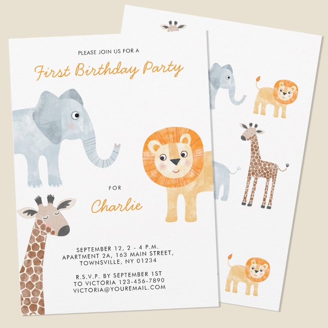 Niedliche Safari-Tiere Erstes Party zum 1. Geburts Einladung (Fun baby safari animal themed first birthday party invitations with lion giraffe and elephant. )
