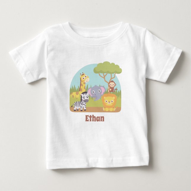 Niedliche Safari-Tiere, Giraffe, Löwe, Zebra-Name Baby T-shirt (Vorderseite)