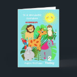 Niedliche Safari-Tiere Grandson Happy Birthday Car Karte<br><div class="desc">niedlichen Cartoon Wildtiere,  einschließlich Giraffe,  Hippo,  Löwe,  Elefant,  Papagei und Wangenaffen; ein so lustiges und farbenfrohes Design und einfach anzupassen mit einem Namen,  Alter und Nachricht,  für diese extra besondere Touch ohne Aufpreis.</div>