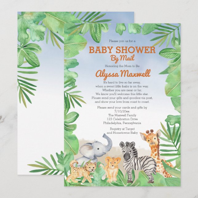 Niedliche Safari-Tiere | Greenery Baby Shower by M Einladung (Vorne/Hinten)