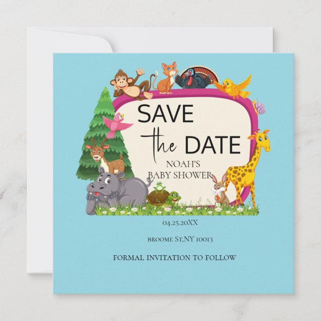 Niedliche Safari tierische Babydusche Save The Date (Vorderseite)