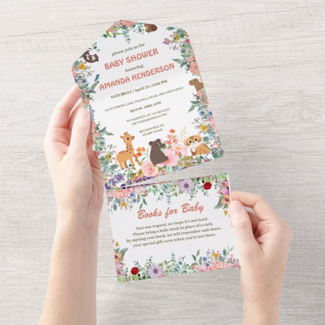 Niedliche Safari Zootiere Dschungel Blütendusche All In One Einladung (Abreißen)