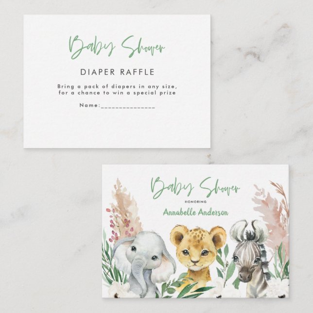 niedliche Safaritiere Babydusche-Windeln-Tombola Mitteilungskarte (Vorne/Hinten)