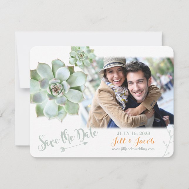 Niedliche Sage Succulents Hochzeitsstichtstoff Fot Save The Date (Vorderseite)