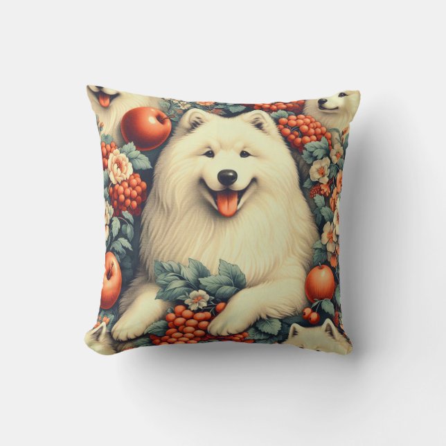 Niedliche Samoyed Floral Malerei Kissen (Vorderseite)