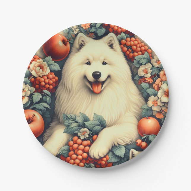 Niedliche Samoyed Floral Malerei Pappteller (Vorderseite)
