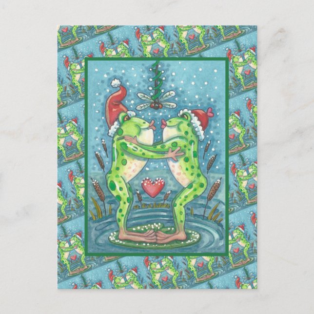 NIEDLICHE SANTA FROGS KISSING UNTER DRAGONFLY MIST POSTKARTE (Vorderseite)