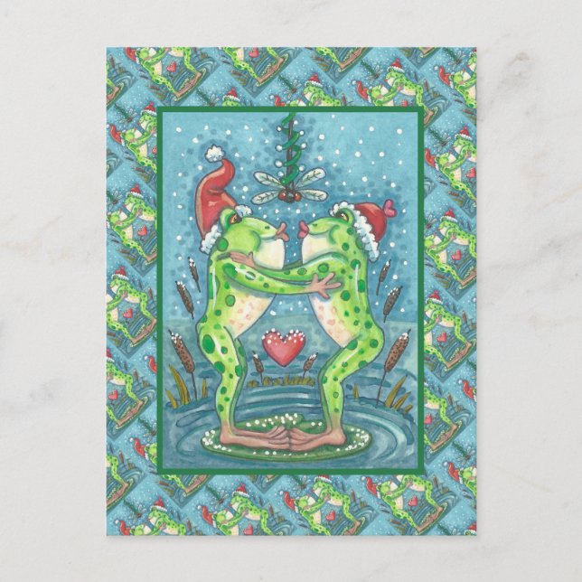 NIEDLICHE SANTA FROGS KISSING UNTER DRAGONFLY MIST POSTKARTE (Vorderseite)