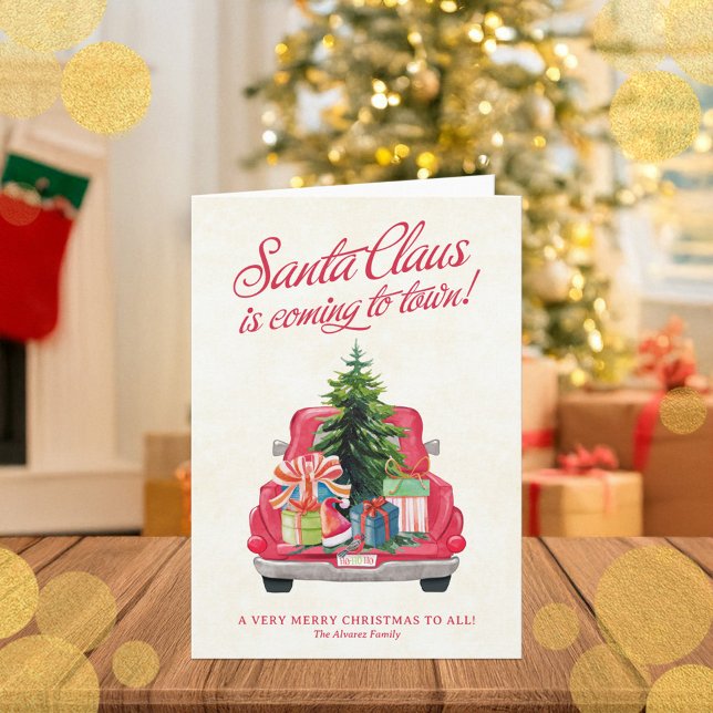 Niedliche Santa Red Truck & Tree Note Card (Cute Santa Red Truck & Tree Holiday Note Card)