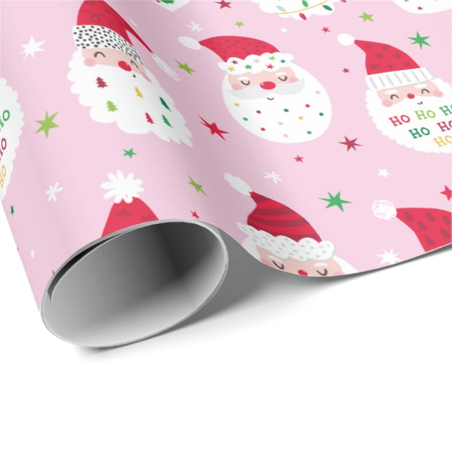 Niedliche Santas mit festlichen Bärten rosa Geschenkpapier (Rolleneckpunkt)