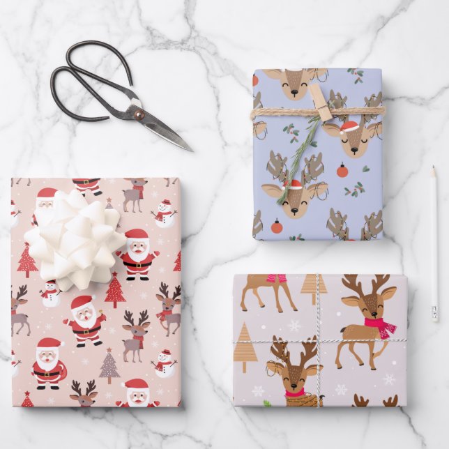 Niedliche Santas & Reindeers Geschenkpapier Set (Vorderseite)