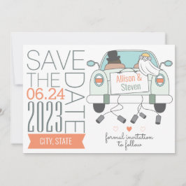 Niedliche, Save the Date Hochzeitskarte mit Auto