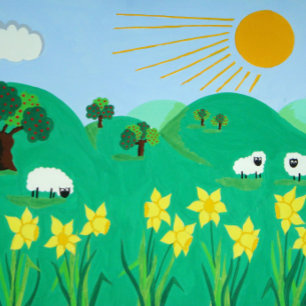 niedliche Schafbäume blauer Himmel und Sonnenunter Puzzle