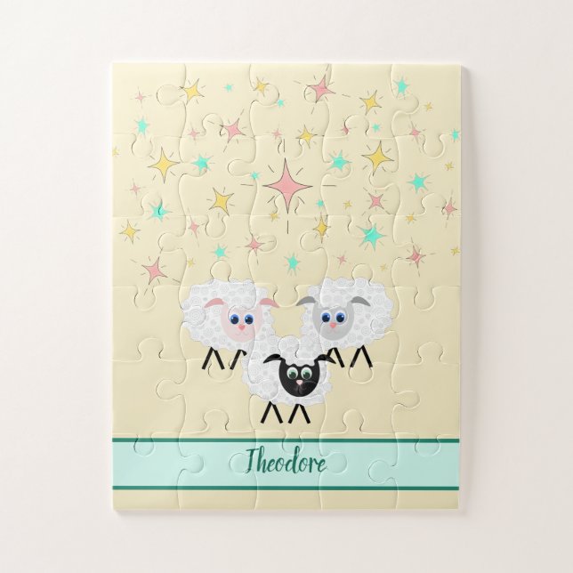 Niedliche Schafe und Sterne Mit Monogramm Kinderpu Puzzle (Vertikal)