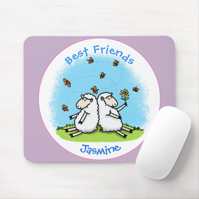 Niedliche Schaffreunde und Schmetterlinge Cartoon Mousepad (Mit Mouse)