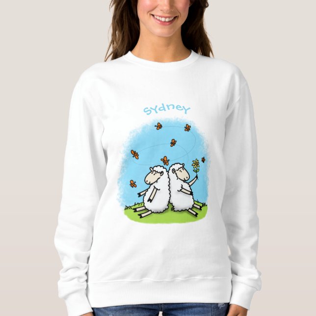 Niedliche Schaffreunde und Schmetterlinge Cartoon Sweatshirt (Vorderseite)