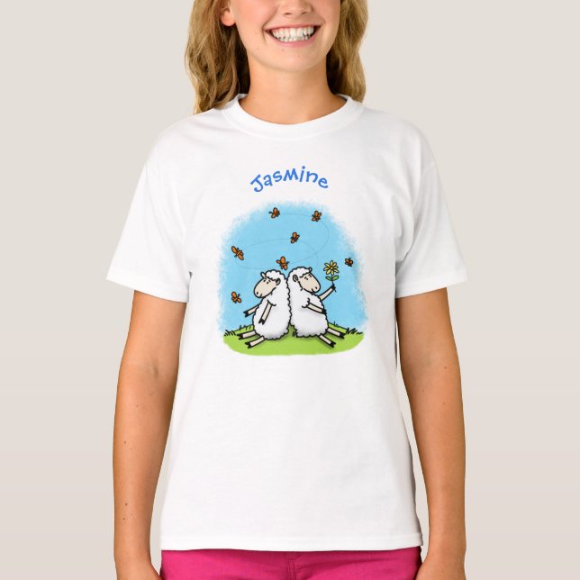 Niedliche Schaffreunde und Schmetterlinge Cartoon T-Shirt (Vorderseite)