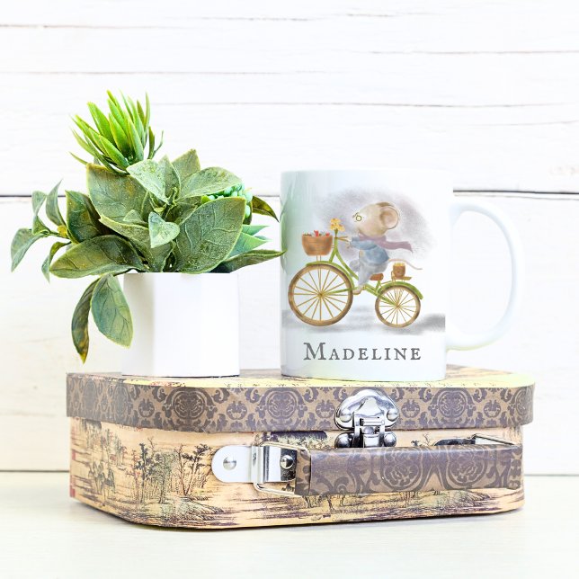 Niedliche, schicke Vintage Maus - Fahrradbuch Love Kaffeetasse (Right - Simple Modern Cute Mouse Vintage Bicycle Personalized Name Mug with Chic Elegant Typography)