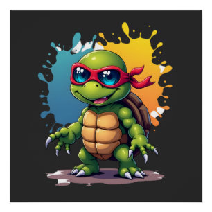 Niedliche Schildkröte mit Sonnenbrille, Farbspritz Poster