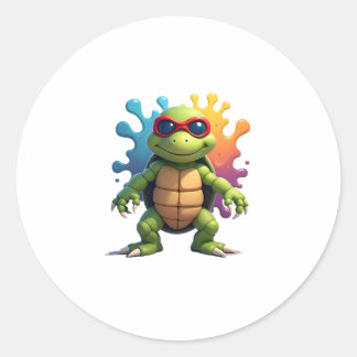 Niedliche Schildkröte mit Sonnenbrille, Farbspritz Runder Aufkleber