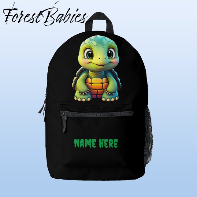 Niedliche Schildkröte Schildkröte Tierische Cartoo Bedruckter Rucksack (Tortoise, Black Customizable ForestBabies Backpack - Front)