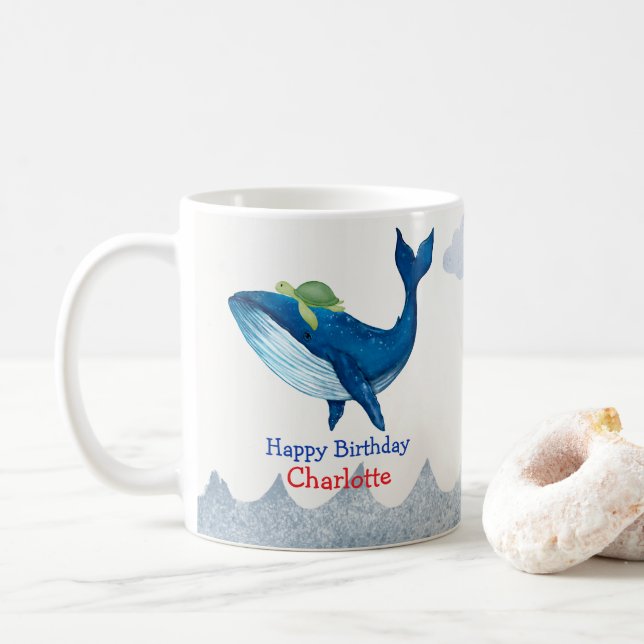 Niedliche Schildkröte Whale Rennsee Geburtstagspar Kaffeetasse (Mit Donut)