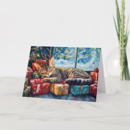 Niedliche Schlafkatze unter Weihnachtsbaum Feiertagskarte