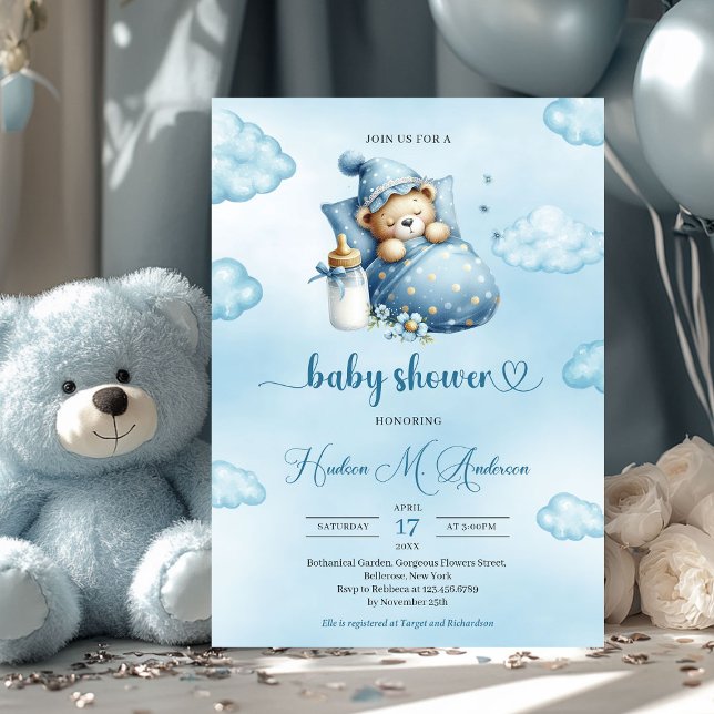 Niedliche Schlafteddybär Babydusche Einladung (cute sleeping teddy bear boy baby shower invitation )