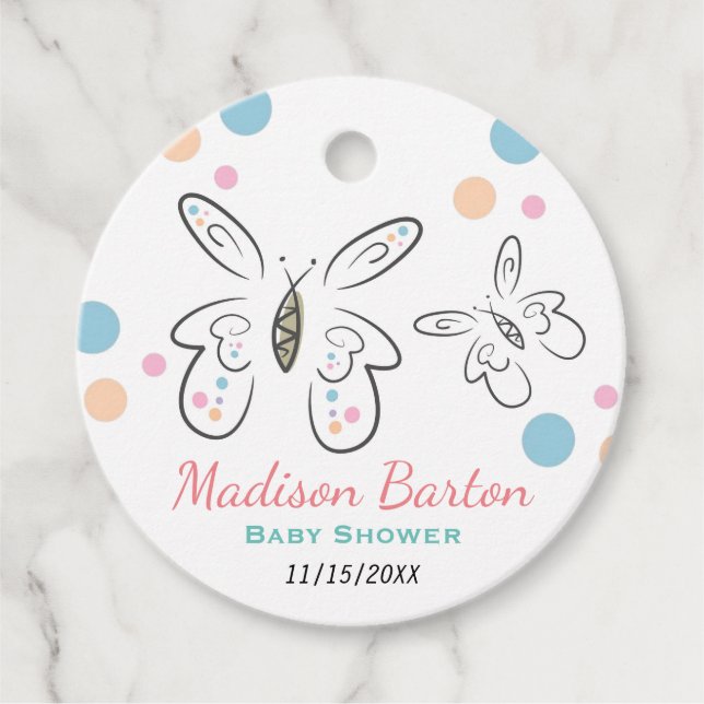 Niedliche Schmetterlinge und Dots Girl Babydusche Geschenkanhänger (Vorderseite)