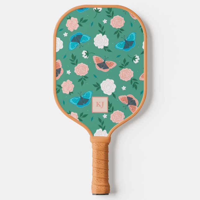 Niedliche Schmetterlinge und Rose Mit Monogramm Pickleball Schläger (Vorderseite)