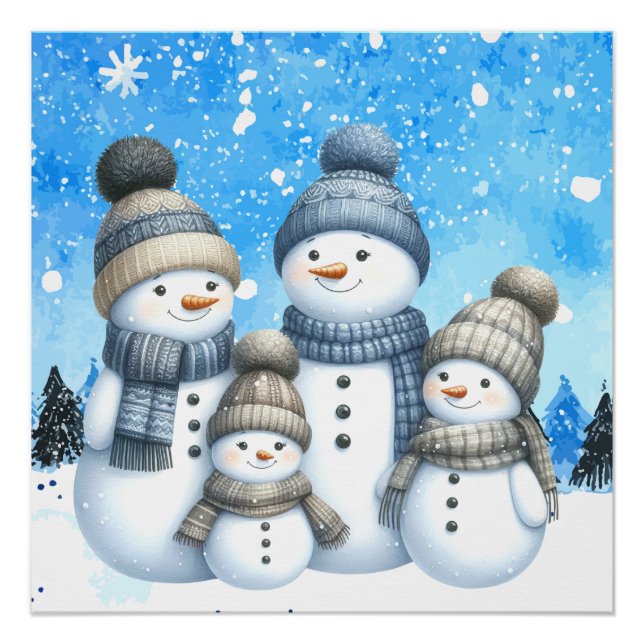 Niedliche Schneefamilie im Schnee Poster (Vorderseite)
