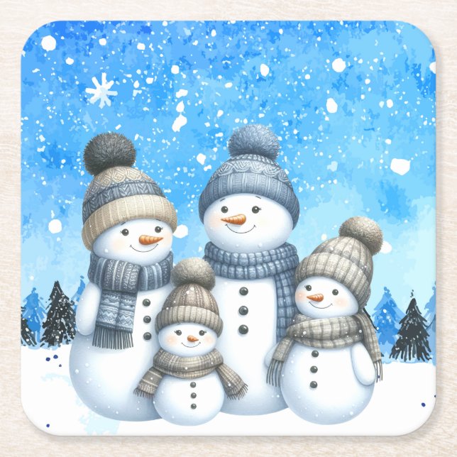 Niedliche Schneefamilie im Schnee Rechteckiger Pappuntersetzer (Vorderseite)