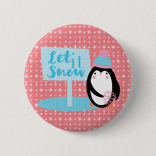Niedliche Schneeflocken, Schwarz-weißer Pinguinkno Button
